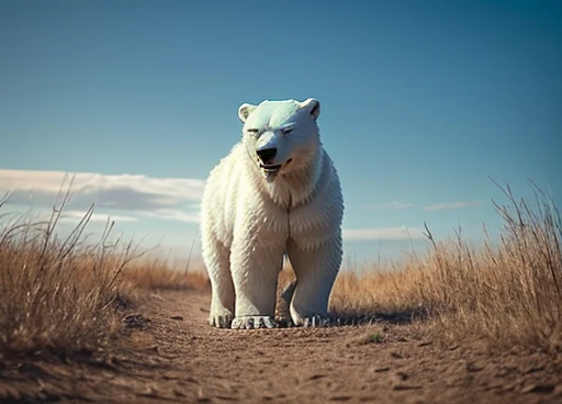 cores abstratas, textura, Grão de filme, poros da pele:0.1 foto RAW hasselblad dslr, retrato dramático intrincado e retroiluminado de um 😎((A humanoid white polar bear with abnormal musculature, very robust, blue eyes is standing looking up looking at the sky and uses some animal hides as clothing)), frozen ground and desert scenery, no trees there are no plants on this planet. Low left photography angle💜. arte conceitual anna dittmann magali villeneuve marc simonetti, quadro estático de filme cinematográfico, (estilo analógico)1.3 (Grão de filme)1.3