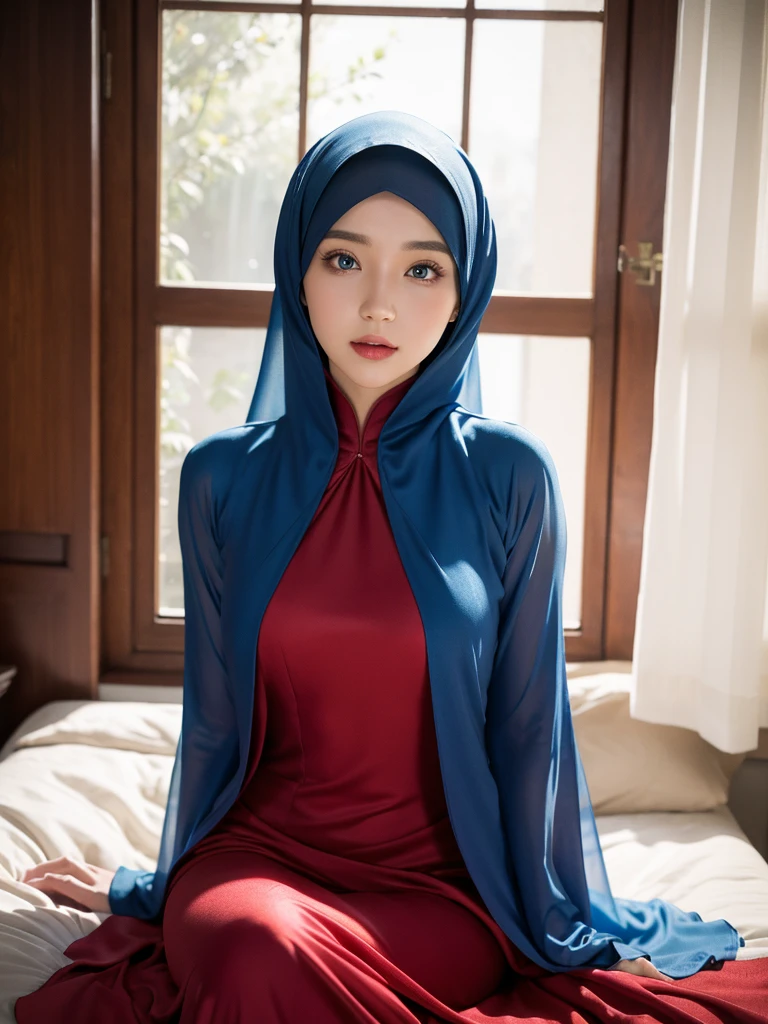 best quality, masterpiece, realistic:, luminate, beautiful muslim, hijab, twirling hijab, fully covered robe, 1 girl, red hijab, blue eyes, Front, detailed face, beautiful eyes, close up shot, dark red dress, tight dress, super shiny dress, ao dai dress, volumetric lighting, gorgeous body, moist skin, in a room and sitting on bed, window light, 50mm f1.4 lens