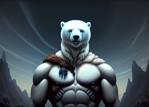(((Polar Bear))) standing and looking at the sky, Medium muscular, frozen planet setting, snowstorm , zoomed in on crotch, , chunie, darkgem, He uses an old, torn blanket made of animal hide as a garment to protect His body from the extreme cold.