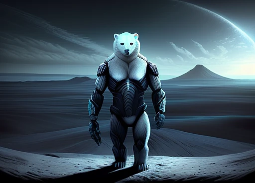 cores abstratas, textura, Grão de filme, poros da pele:0.1 foto RAW hasselblad dslr, retrato dramático intrincado e retroiluminado de um 😎((A humanoid white polar bear with abnormal musculature, very robust, blue eyes is standing looking up looking at the sky and uses some animal hides as clothing)), frozen ground and desert scenery, no trees there are no plants on this planet. Low left photography angle💜. arte conceitual anna dittmann magali villeneuve marc simonetti, quadro estático de filme cinematográfico, (estilo analógico)1.3 (Grão de filme)1.3