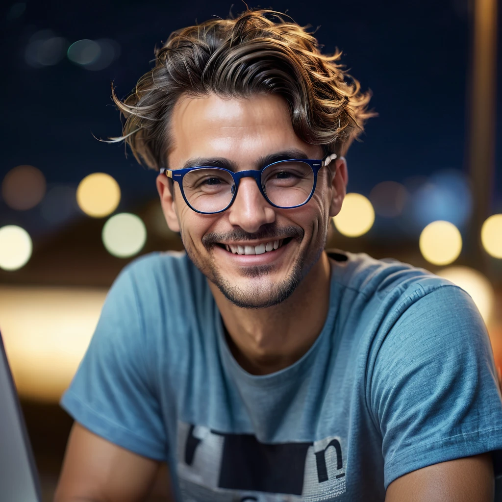 (Masterpiece, best quality, raw photo, 8k, highest resolution) hasselbad, portrait, head and shoulders close-up, male, 30s, smiling, trendy haircut, glasses, watching a computer, , bokeh, Geek , nerdy, with a t-shirt that says maqui in a nighttime environment