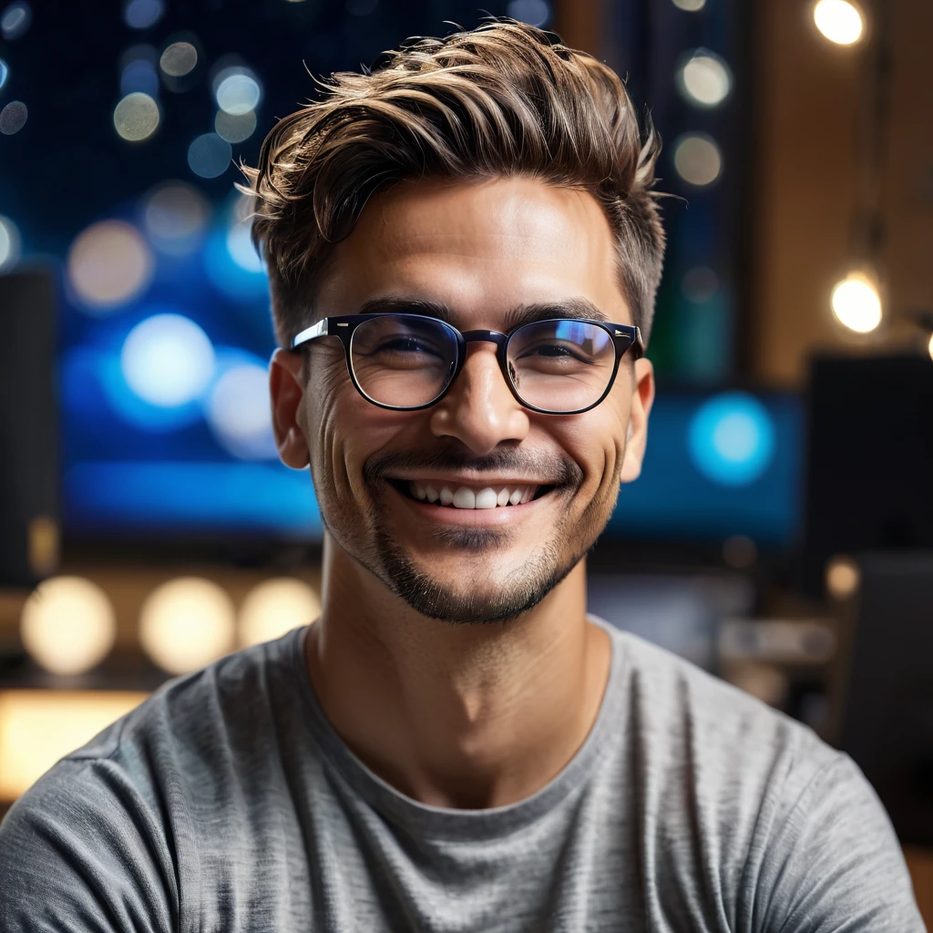 (Masterpiece, best quality, raw photo, 8k, highest resolution) hasselbad, portrait, head and shoulders close-up, male, 30s, smiling, trendy haircut, glasses, watching a computer, , bokeh, Geek , nerdy, with a t-shirt that says maqui in a nighttime environment