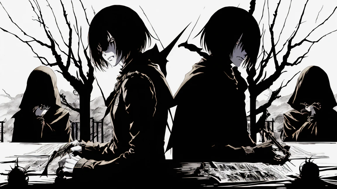 death note、ノートを手に持つ、v5lcn style,Ink Art,(highest quality,Tabletop:1.2),(Black and white comic core:1.1),(extremely high contrast),Dark ink,One Girl,Shadow on face、8K,solve,high school girl,Sailor Suit,