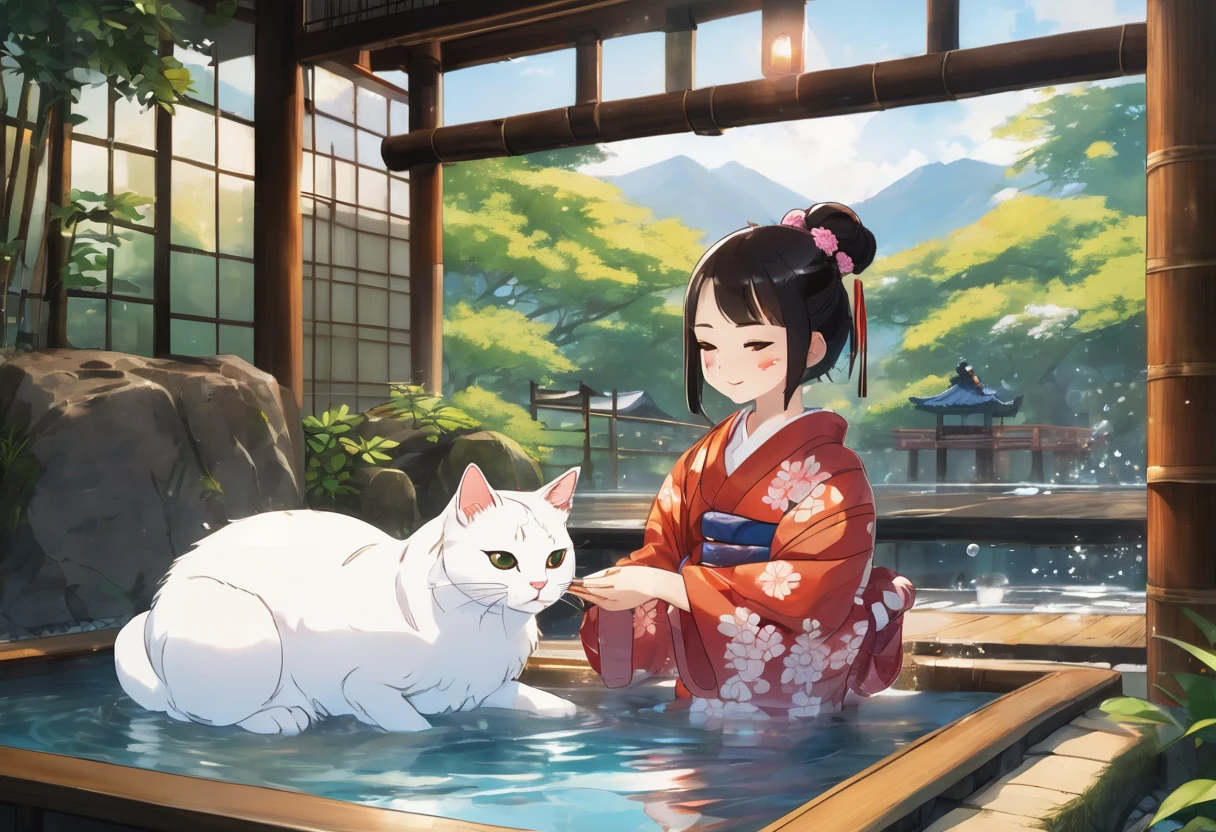 A fluffy white cat and a young girl with big, expressive eyes and long hair tied in a bun are relaxing in an outdoor onsen. The cat has a tiny towel on its head, blowing bubbles and playfully splashing, while the girl, wearing a traditional yukata, laughs and gently pets the cat. The scene features vibrant, anime-style art with warm, soft lighting, surrounded by lush greenery, cartoon-style rocks, bamboo, and gentle steam, creating a fun and whimsical atmosphere.