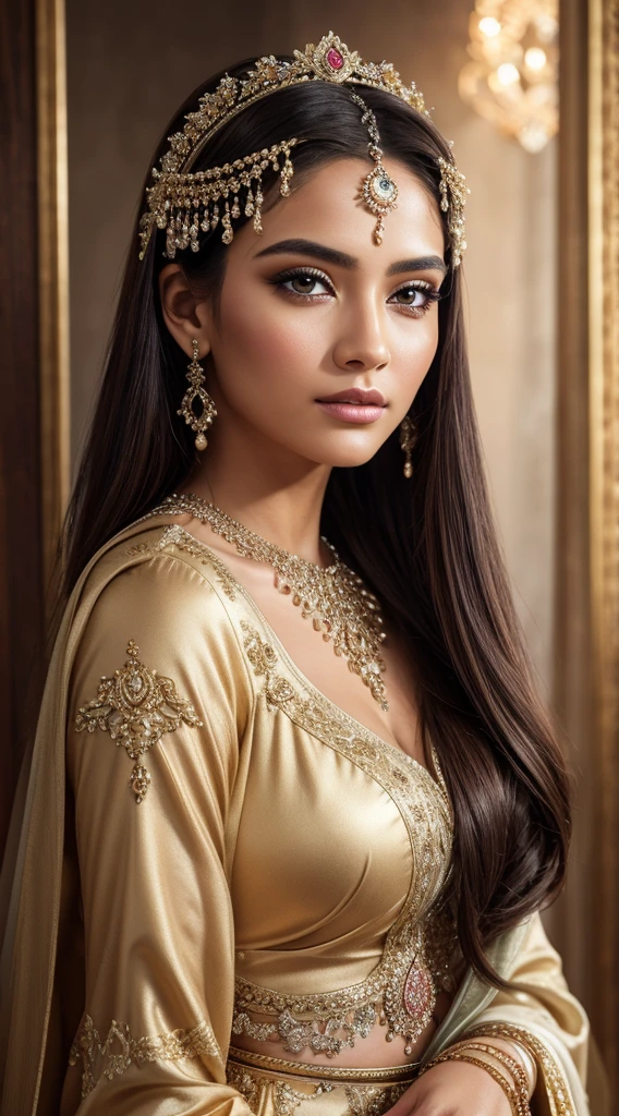 With a look of embarrassed, a woman gazes at the viewer with eyes widened in awe. makeup and a goddess-like presence. This stunning painting showcases intricate details, from the intricate brushstrokes capturing the woman's expression to the ethereal glow emanating from her immaculately rendered features. The use of the Unreal Engine render adds a layer of realism and depth to the image, elevating it to a level of unparalleled beauty and artistry.