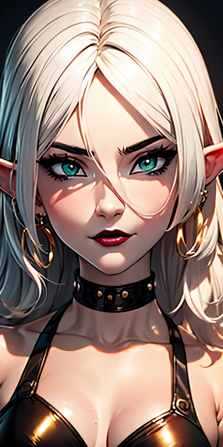 Beautiful girl, (Platinum hair), ((very long curly hair)), face perfect, innocent smirk, trunk,(cerulean eyes), (yan), (mic), (slim), ((flat-chested)), ((21 years old)), skin denture, extreme detail, charming oval face, Red lips, Pink, shining skin, detailed hair, Facial Focus, Close-up chest, gold decorative necklace, gold earrings, ((1 girl)), Embarrassed expression, elf ears