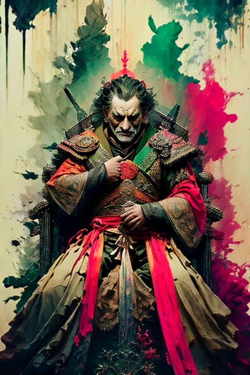 Masterpiece, Ultra-Detailed portrait, detailed illustration, high quality, high resolution 16k man in a crown sits on a throne with a sword, the great stokor king, lord of hell on the throne, The Medieval Old King, King Richard the Lionheart, the king of death, The King of Hell, Richard IV king of Rome, Sitting on the Iron Throne, Anato Finnstark!!, Robert De Niro as Medieval Joker, Jaime Lannister, cloud,colorful, ink