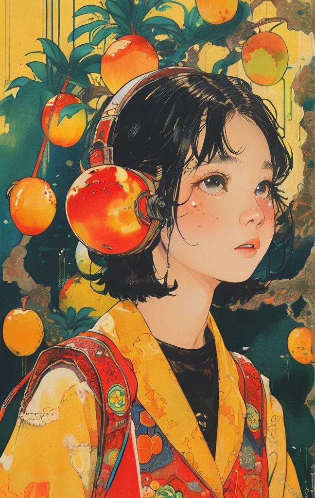 On a bright red campus"YES"Character、Girl personifying a mango、Cute、Chibi、Mango pulp、masterpiece、yellow background、psychedelic、alone, One girl, profile,Black Bob,　profile,  The background color is solid yellow,An illustration