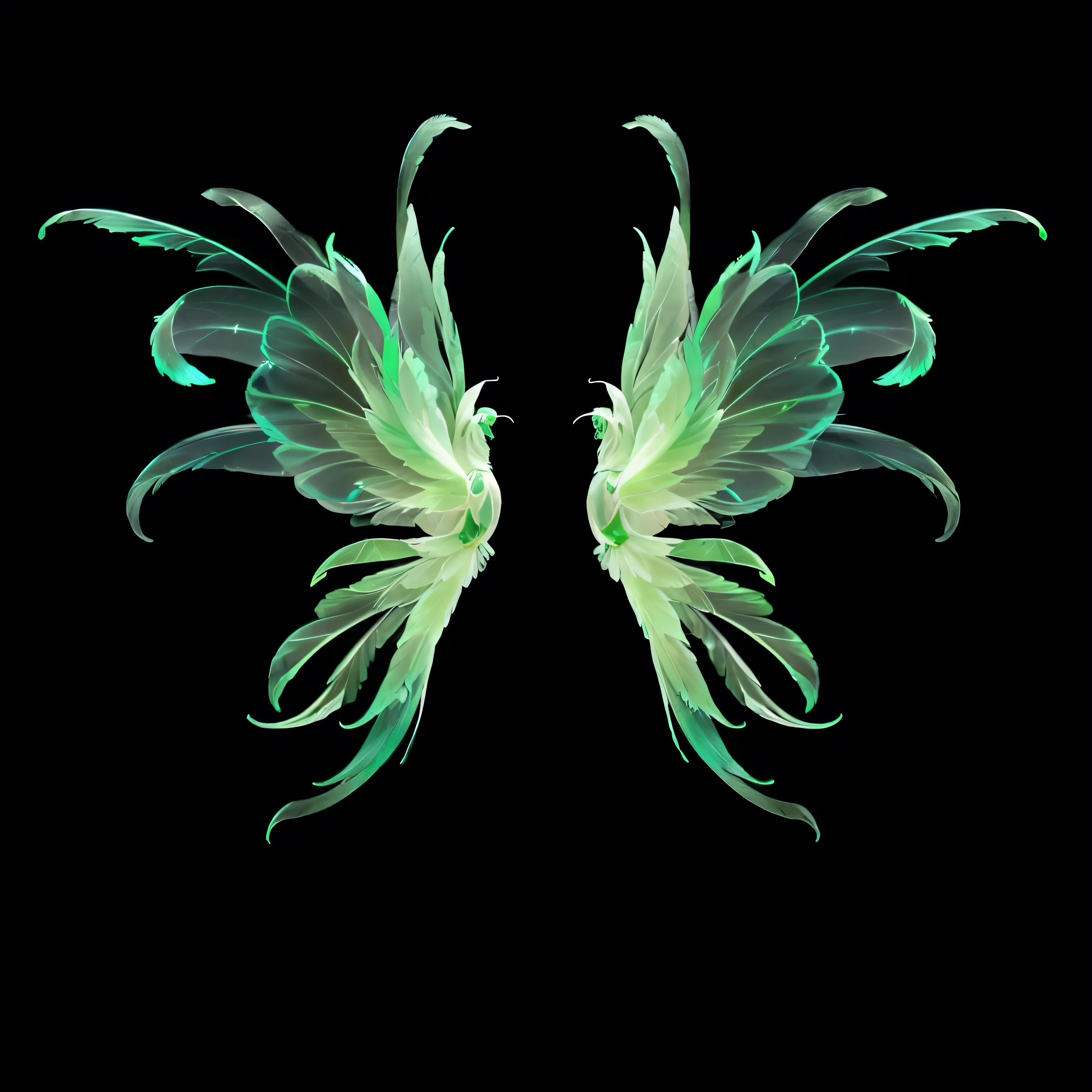 Two green and white wings on a black background, Cyan ethereal tendril wings, Neon wings, Ethereal Wings, wings made of glass, Transparent wings, iridescent wings, Symmetrical wings, Beautiful open wings, Glowing feathers, Wings made of flowers, 半Transparent wings, Feathery wings, Symmetrical Wing, beautiful angelical wings, Symmetrical wings