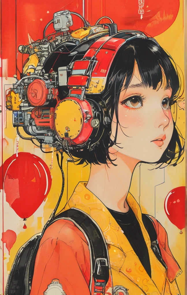 On a bright red campus"YES"Character、Girl personifying a mango、Cute、Chibi、Mango pulp、masterpiece、yellow background、psychedelic、alone, One girl, profile,Black Bob,　profile,  The background color is solid yellow,An illustration