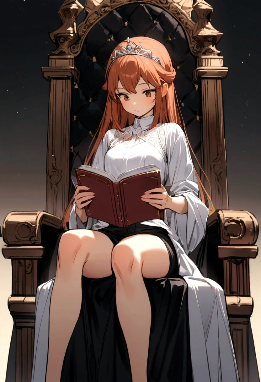 1 girl, smallbreast,russet hair , wearing a simple tiara , wearing an oversized black casual shirt that reaches his thighs,sitting boldly on a throne, reading a book .