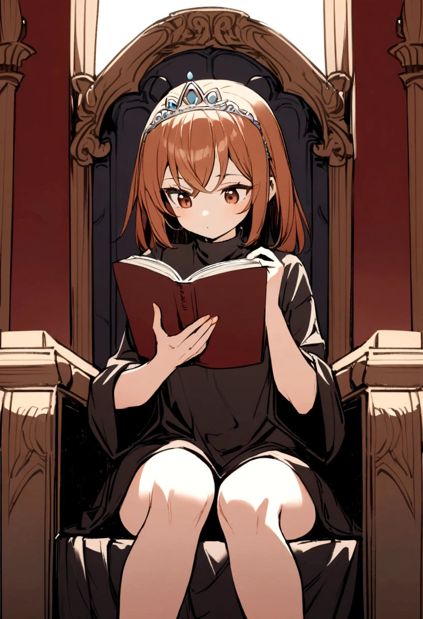 1 girl, smallbreast,russet hair , wearing a simple tiara , wearing an oversized black casual shirt that reaches his thighs,sitting boldly on a throne, reading a book .