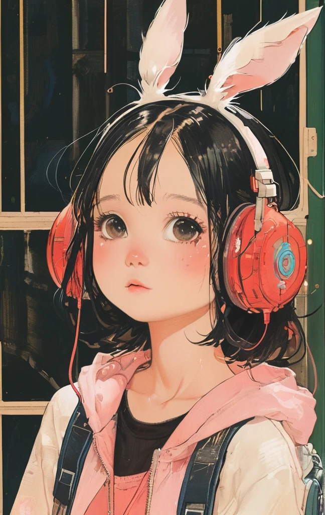 On a bright red campus"YES"Character、beautiful illustration, best quality, cute girl, bedroom, pastel color, fluffy bunny ears, , silver long hair, rabbit stuffed toy, bright lighting, light pink eyes、alone, One girl, profile,Black Bob, profile, The background color is solid yellow,An illustration