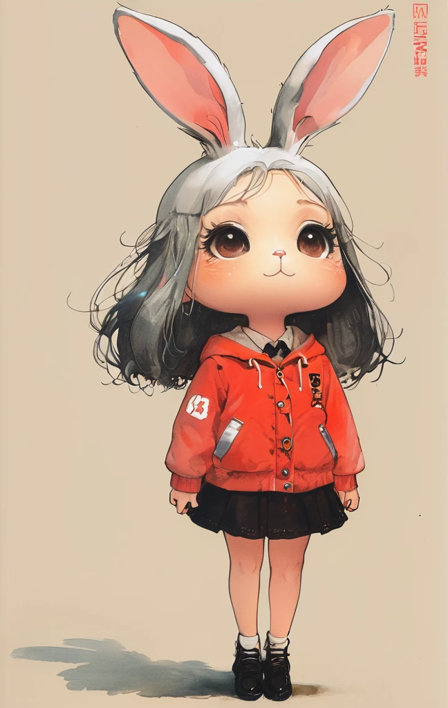 On a bright red campus"YES"Character、beautiful illustration, best quality, cute girl, bedroom, pastel color, fluffy bunny ears, , silver long hair, rabbit stuffed toy, bright lighting, light pink eyes、alone, One girl, profile,Black Bob, profile, The background color is solid yellow,An illustration