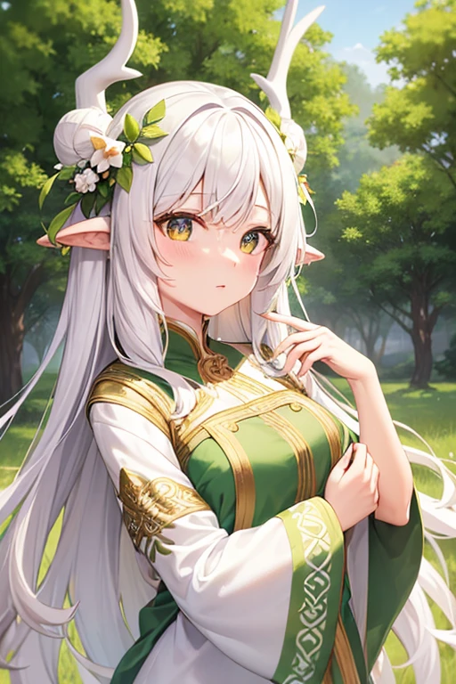 goddess of flora and fauna, white wavy hair, deer antlers and ears, green eye and white eye