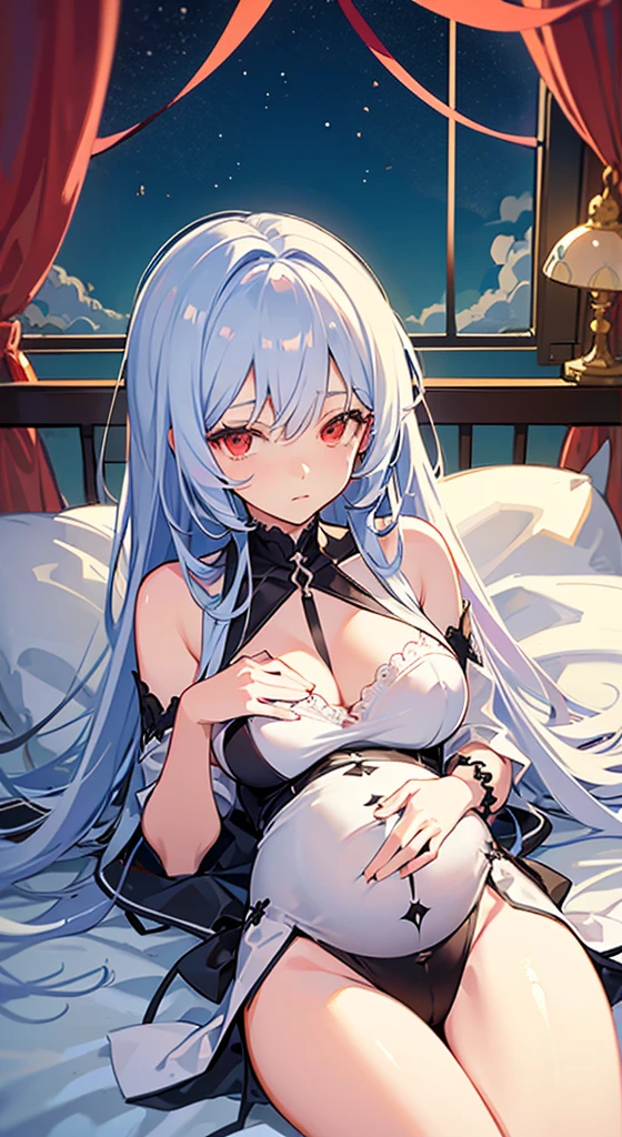 one pregnant anime girl with white hair and red eyes, chained and laying on a bed. Sad. breast feeding