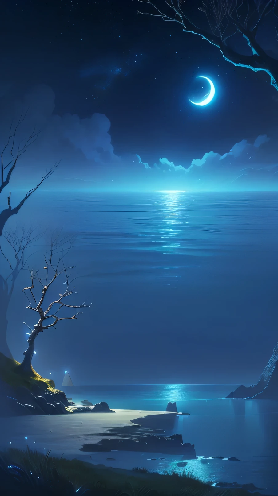 Night scene with a tree and a moon in the sky, moonlit starry sky environment, background technologywork, Moonlight Background, background technology, Background Image, Concept Art Magic Highlights, Moonlight Ocean, Night background, Wallpaper Anime Blue Water, The tree is located on a calm sea., A quiet night. Digital Illustration, Fantasy seascape, Epic Background