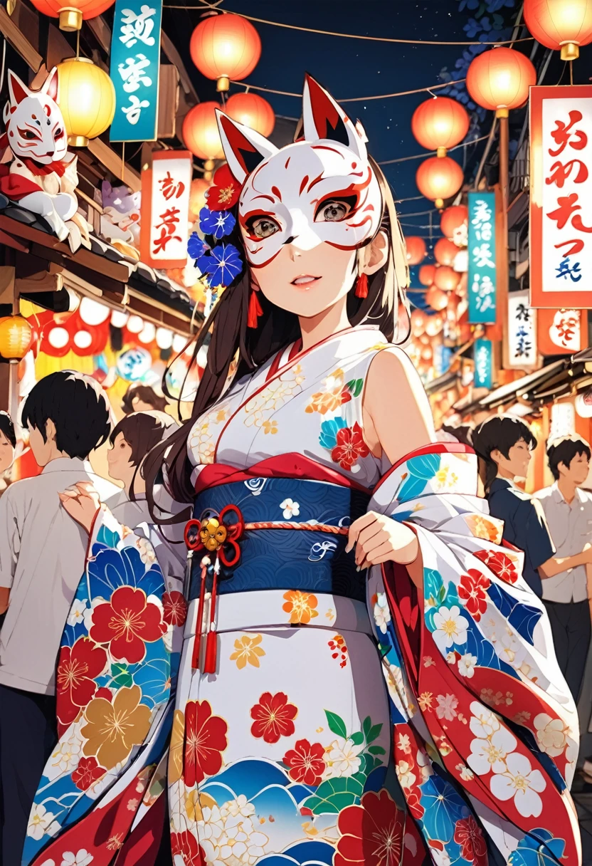 Japan　Kawagoe　Summer festival　Bon dance　scaffold　Cool down　Japan風　Lantern　Fox Mask　A beautiful woman in a kimono is in the center of the image.