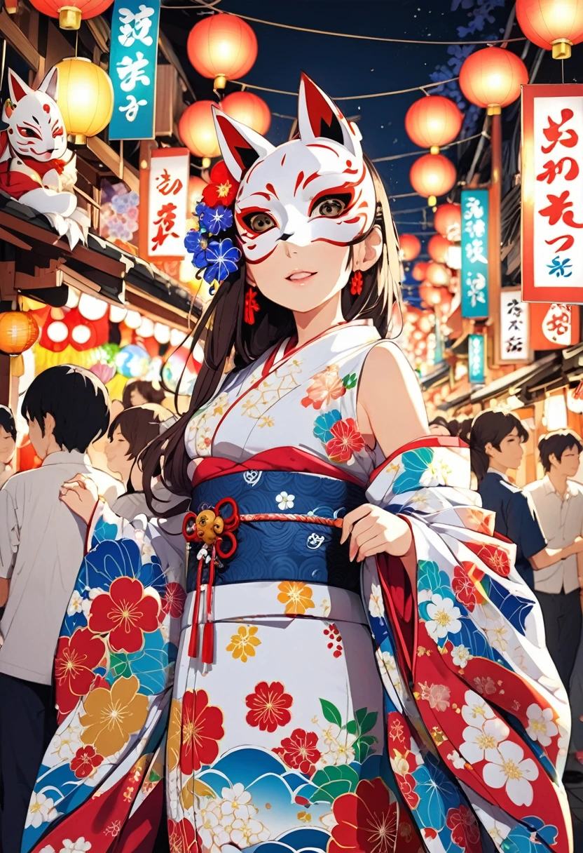 Japan　Kawagoe　Summer festival　Bon dance　scaffold　Cool down　Japan風　Lantern　Fox Mask　A beautiful woman in a kimono is in the center of the image.