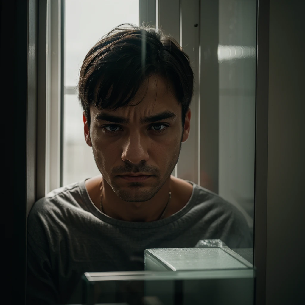 sad man looks from the window
