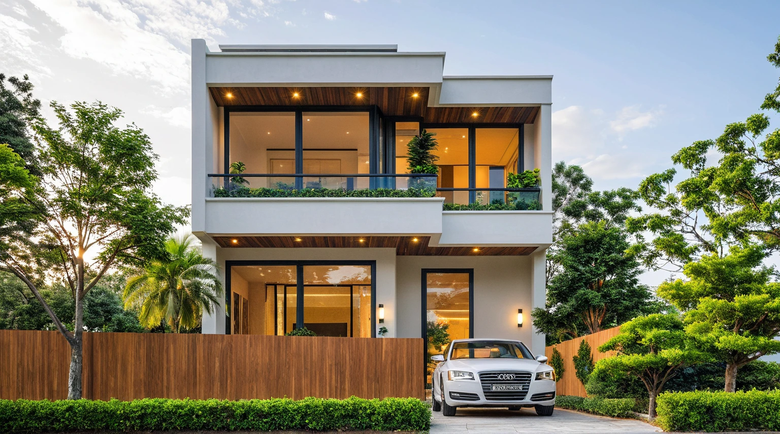 Masterpiece, high quality, best quality, authentic, super detail, outdoors, onestoreyvillaXL, aiaigroup, house style modern on the street ,stairs, white wall ,road,pavement, grass, trees, sky, cloud, (daylight:1.1)