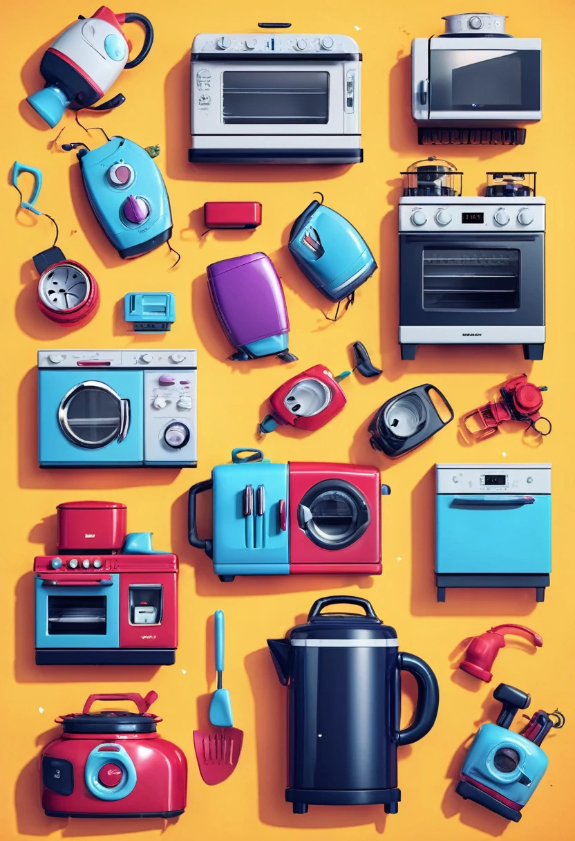 A set of household appliances failing and the failure being explicitly noted , The image bursts with vibrant, exaggerated tones, reminiscent of Pixar's fantastic kingdoms, illuminated by a spectacular ring of light that underlines the surreal quality of this intergalactic oasis.