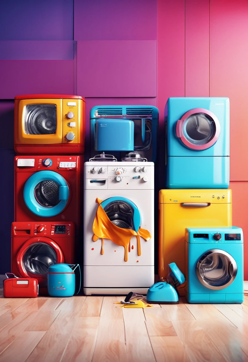 A set of household appliances failing and the failure being explicitly noted , The image bursts with vibrant, exaggerated tones, reminiscent of Pixar's fantastic kingdoms, illuminated by a spectacular ring of light that underlines the surreal quality of this intergalactic oasis.