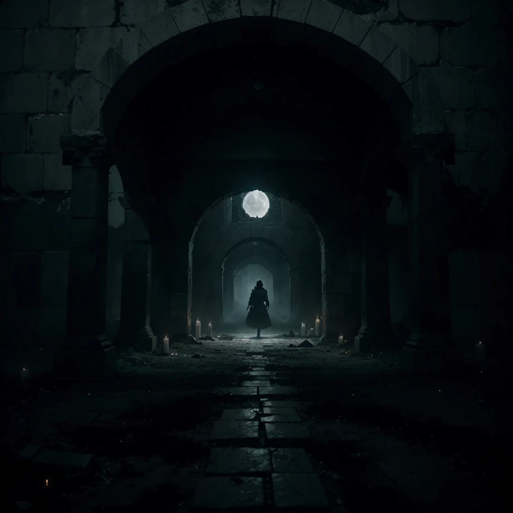 background main menu game, Ancient excavation site at night, Desolate atmosphere, Tragic aftermath of archeologists' deaths, Foreboding darkness, Sinister shadows, Dim lighting, Satanic symbols on ancient walls, Flickering candles and distorted shadows, Remnants of occult rituals, Ghastly silhouettes in moonlight, Unearthly whispers, Malevolent forces, Partially shrouded in fog, Mystery and isolation, Fractured tombstones and disturbed graves, Disturbed spirits, Dark and desaturated color palette, Eerie otherworldly hues, Unsettling center with an ancient partially opened portal, Ominous glow revealing a glimpse into the demonic realm