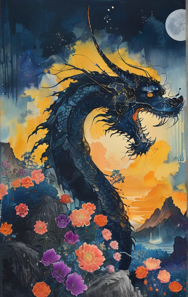 A white dragon lies in the middle of an endless field full of purple flowers, surrounded by snow-capped mountains and a blue sky sparkling with golden sunset rays. The whole scene is filled with a dreamy atmosphere, with vibrant colors and detailed background elements rendered in high resolution and detailed in a top quality illustration style. A girl with black hair and white eyes, dressed in dark , stands next to an anthropomorphic tiger, both looking at the camera. The background is adorned with intricate patterns of flowers and leaves., with a black color scheme, taken from a low angle shot, with high resolution and high detail, a masterpiece、((highest quality)),(ultra high resolution),(Super detailed),(detailed description),((The best CG)),(best work of art),super precision art,amazing drawing art,(Fantasy art with intricate detail:1.5), (Female Devil:1.6),(A beautiful face with a hint of madness:1.6),(disaster々New tattoo:1.4),(stiletto heels:1.6), (Blasphemous Magic Circle:1.8), Skull Moon, bat, alone, One girl, profile,Black Bob, profile, The background color is solid yellow,An illustration