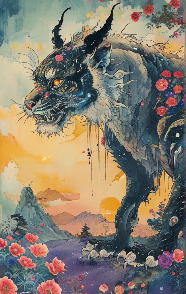 A white dragon lies in the middle of an endless field full of purple flowers, surrounded by snow-capped mountains and a blue sky sparkling with golden sunset rays. The whole scene is filled with a dreamy atmosphere, with vibrant colors and detailed background elements rendered in high resolution and detailed in a top quality illustration style. A girl with black hair and white eyes, dressed in dark , stands next to an anthropomorphic tiger, both looking at the camera. The background is adorned with intricate patterns of flowers and leaves., with a black color scheme, taken from a low angle shot, with high resolution and high detail, a masterpiece、((highest quality)),(ultra high resolution),(Super detailed),(detailed description),((The best CG)),(best work of art),super precision art,amazing drawing art,(Fantasy art with intricate detail:1.5), (Female Devil:1.6),(A beautiful face with a hint of madness:1.6),(disaster々New tattoo:1.4),(stiletto heels:1.6), (Blasphemous Magic Circle:1.8), Skull Moon, bat, alone, One girl, profile,Black Bob,　profile,  The background color is solid yellow,An illustration