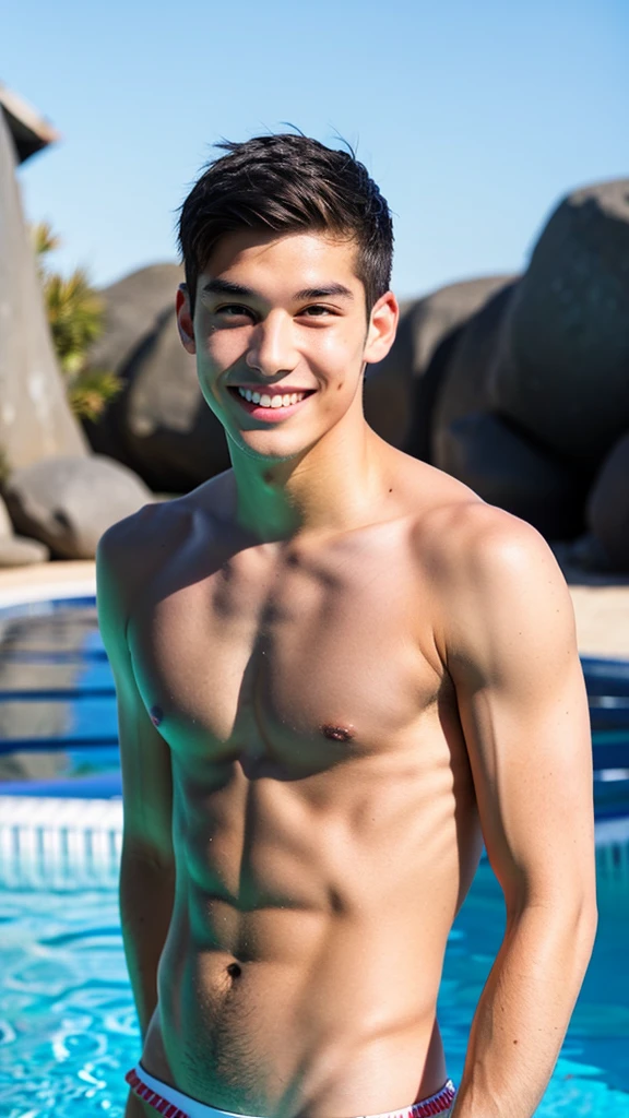 male Age 23 swimwear lifeguard topless smile