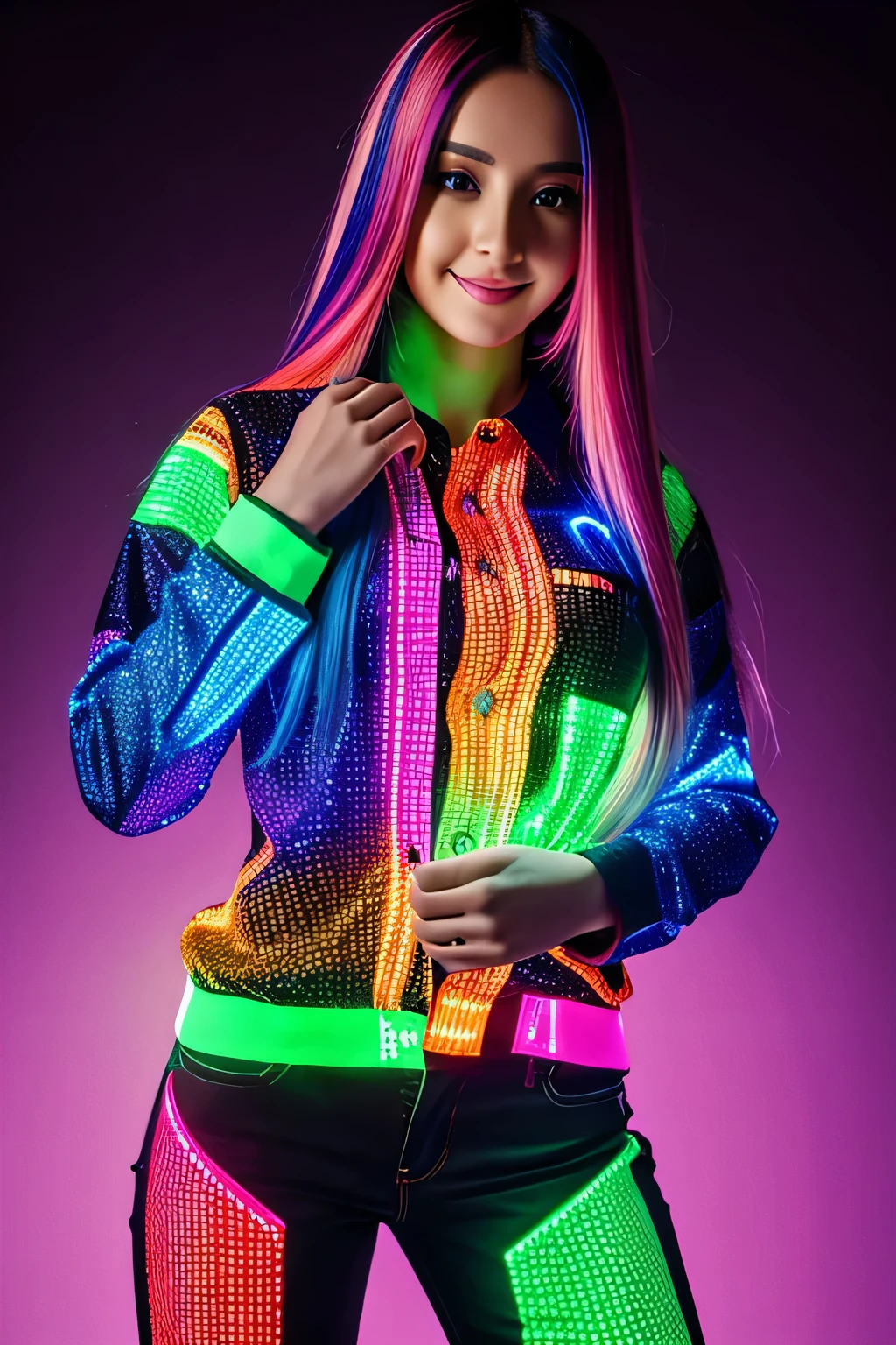 Gorgeous girl wearing multicolored led lit long shirt and led lit trousers, multi colored hair, very long hair, posing to a camera, detailed eyes, detailed face, detailed hands, seductive smile