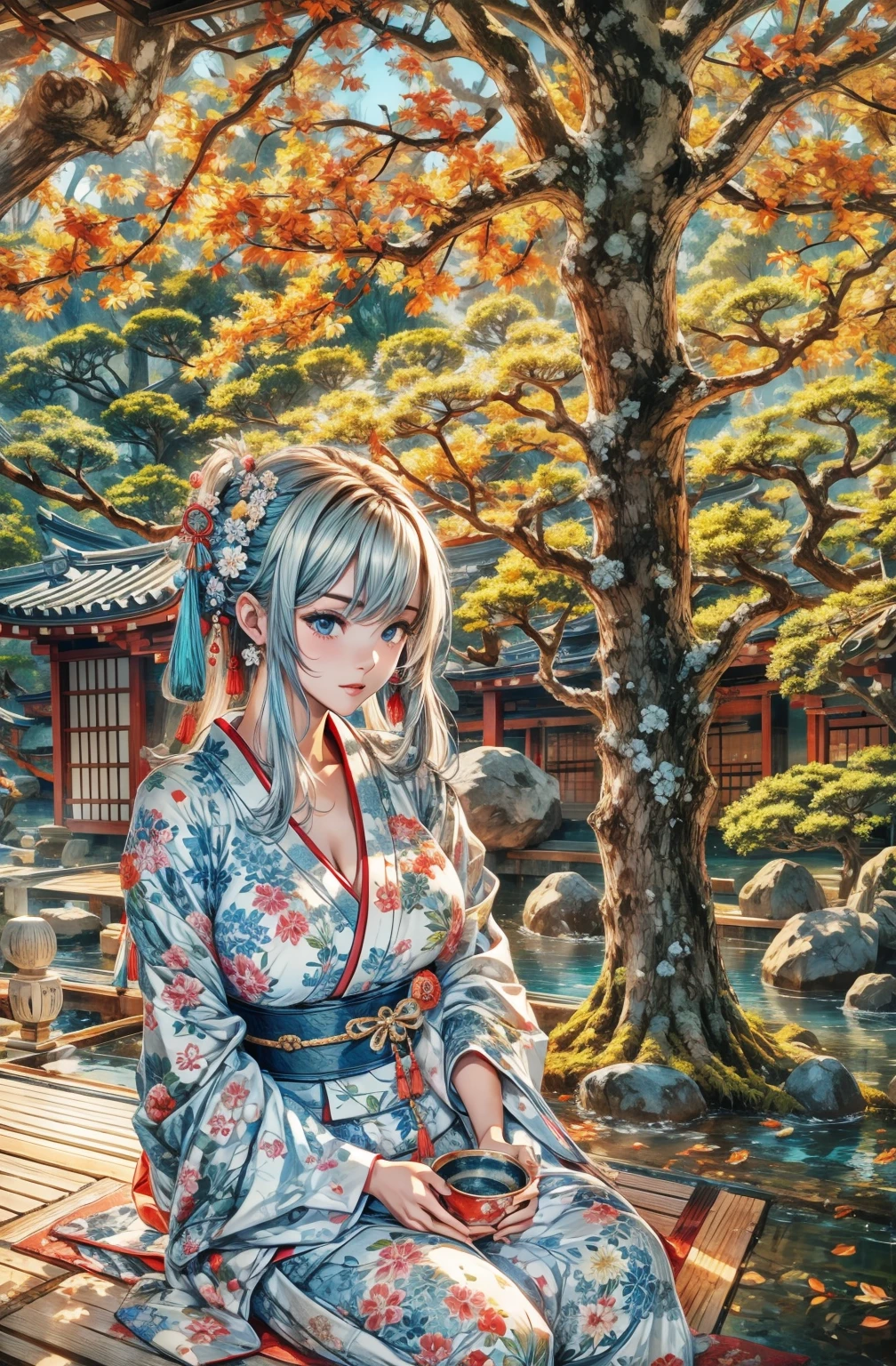 Staring here、Japanese-style room、tatami、The right hand is also holding a vessel on his lap..、quiet、Japanese gardens from the Sengoku period、With pottery in both hands、&#39;Sheet、Thigh-length kimono、I look at this shyly、The dress is brown、The kimono hides her thighs、The kimono has a maple leaf pattern.、Garden stones、Hold pottery correctly、smile
