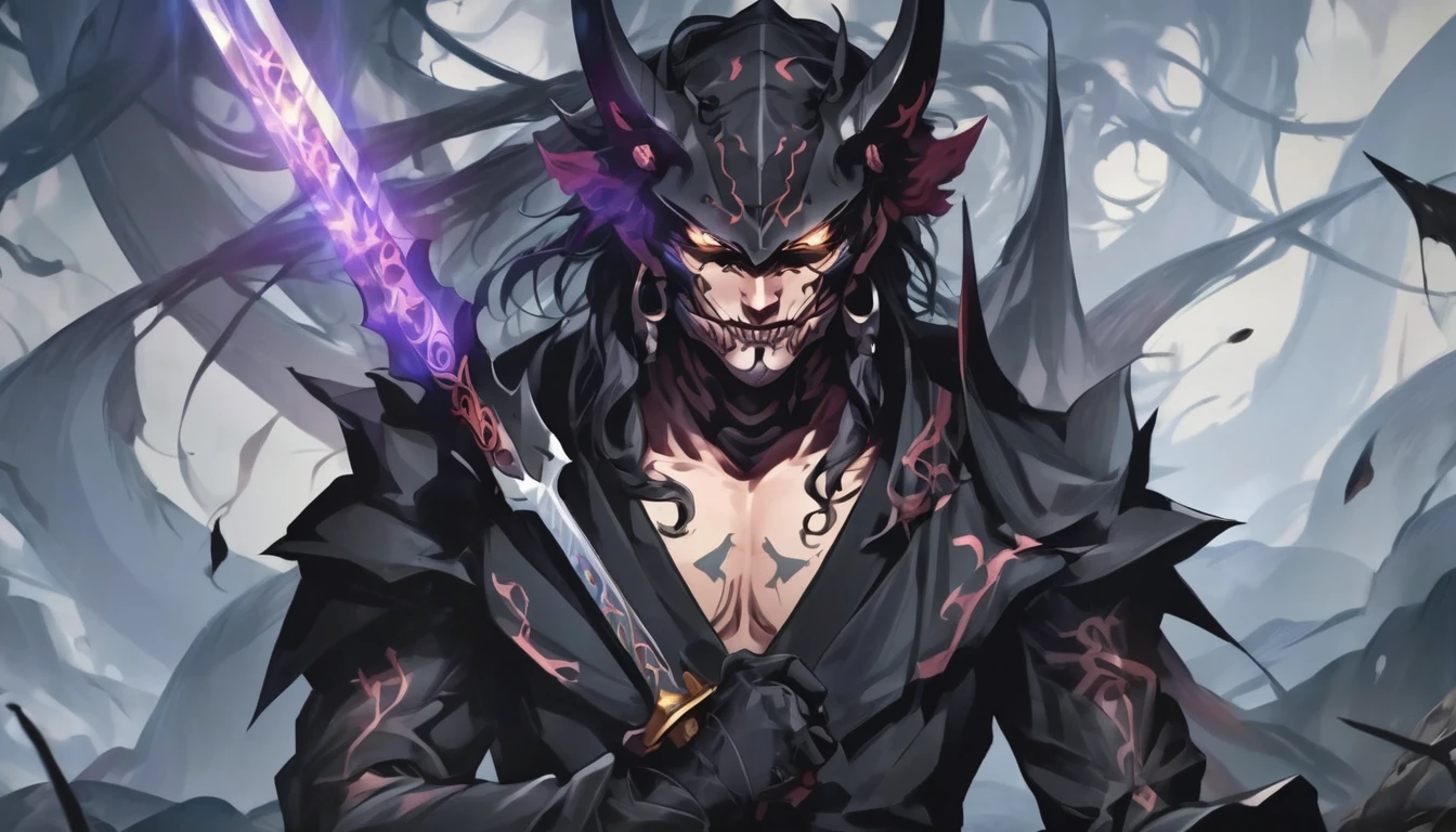 demon mask, sword on the hand,close up, black heavy detailed clothes, hand katana, art, dark and malevolent, hand sword, armor, powerful and intimidating, (masterpiece, best quality, ultra-detailed, best shadow), (detailed background, dark fantasy) dramatic light, intricate details, dark and malevolent, powerful and intimidating, Dark and foreboding, malevolent force, sinister and chilling, armor, high detailed background, girl in demon slayer art, demon slayer art style, epic anime art, God death
