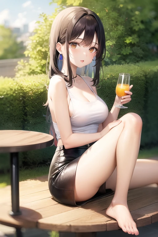 creates a 25-year-old woman sitting with her feet crossed holding a glass of orange juice wearing a brown leather miniskirt and a white tank top in a garden passage with tables and chairs