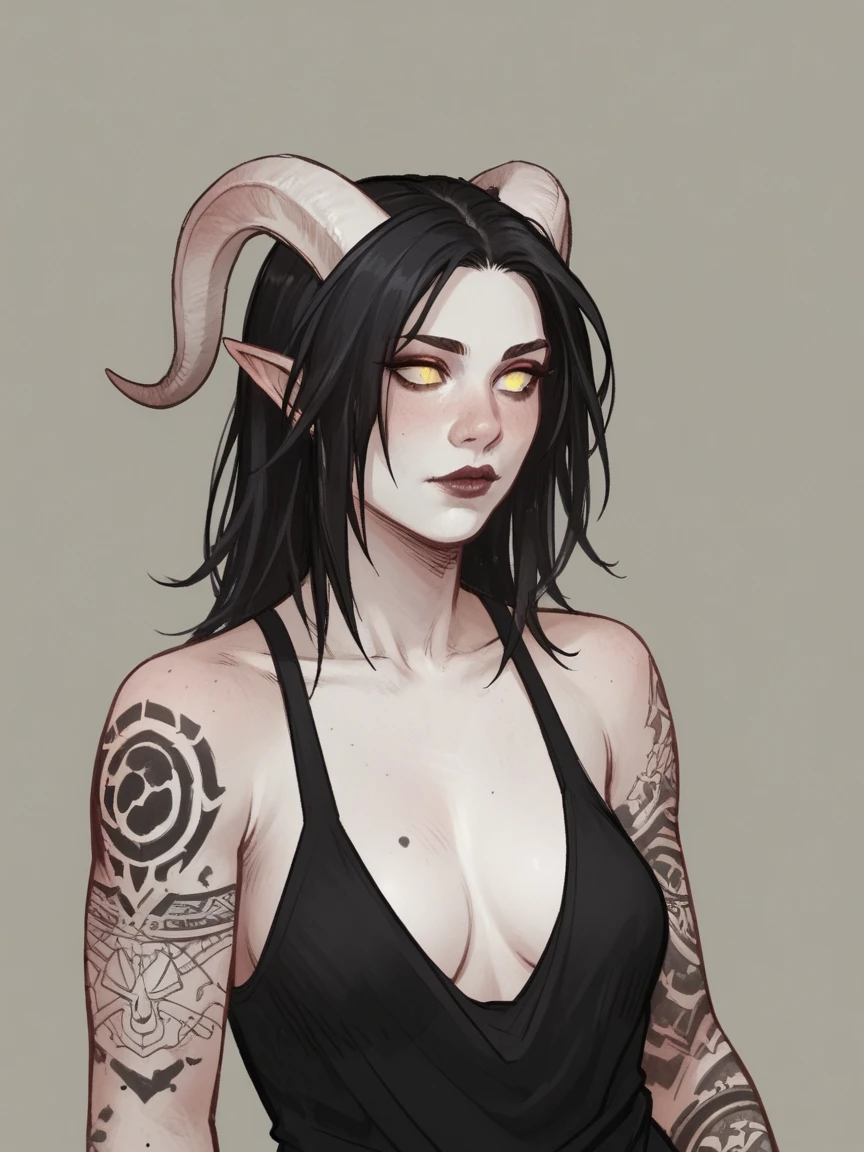 score_9, score_8_up, score_7_up, score_6_up, score_5_up, score_4_up, wh33z13, 1woman, dark tiefling, white skin, black hair, longe hair, tattoos