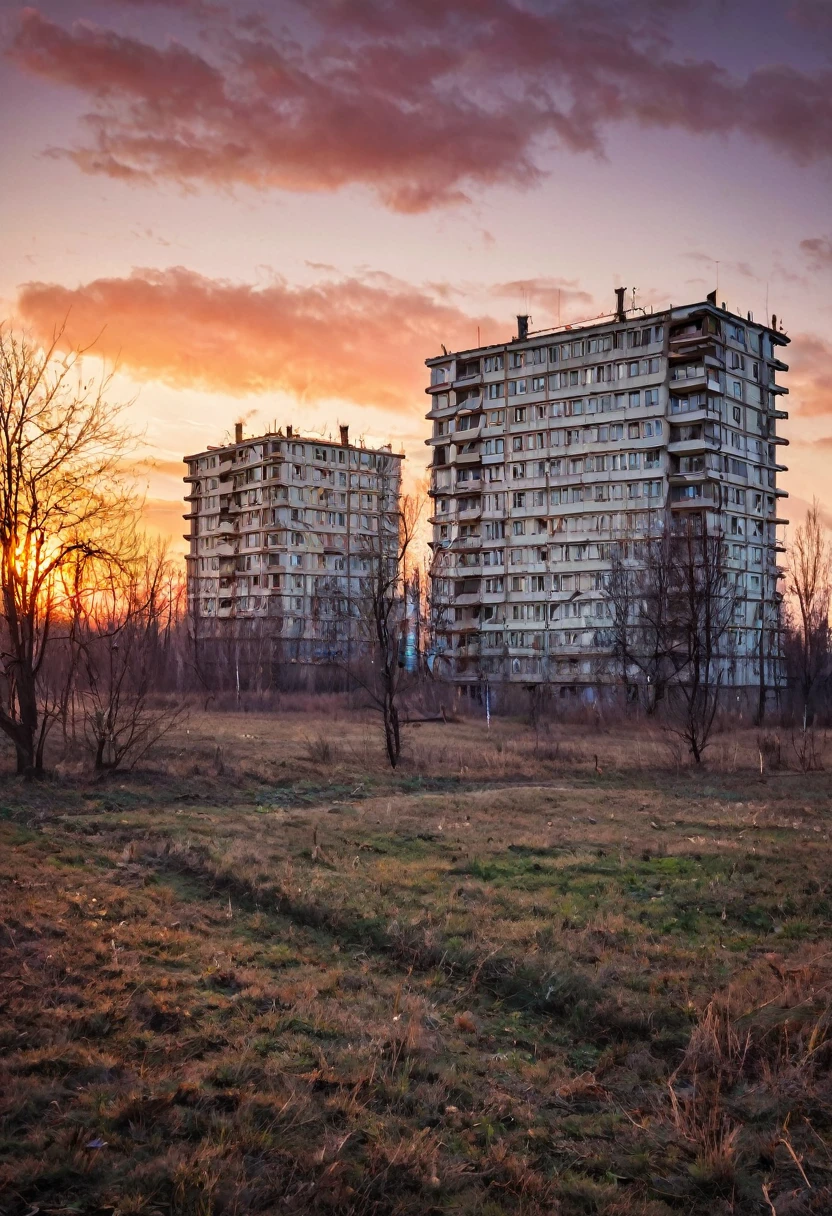 Panel houses, post-Soviet era, sunset sun