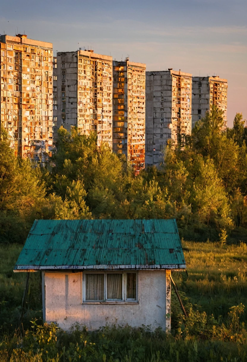 Panel houses, post-Soviet era, sunset sun