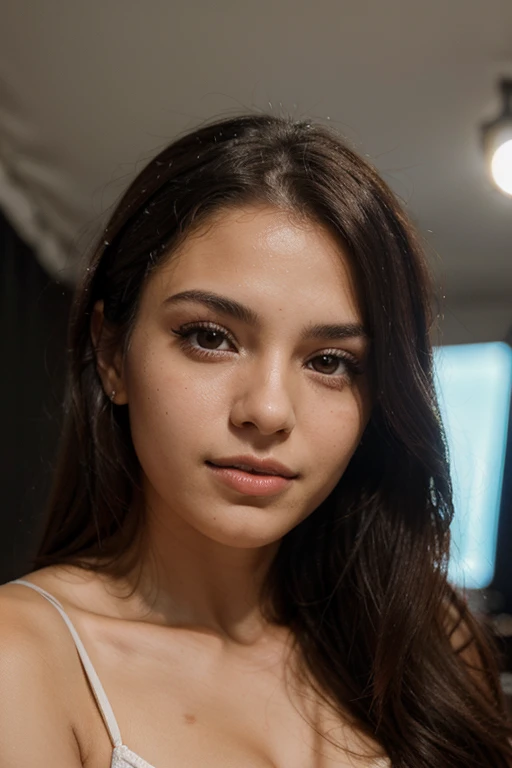 high-quality headshot of a 24-year-old Brazilian woman taken with an 85mm lens in a studio setting. The image should be crystal clear with flawless skin and eyes, showcasing a perfect and professional portrait.