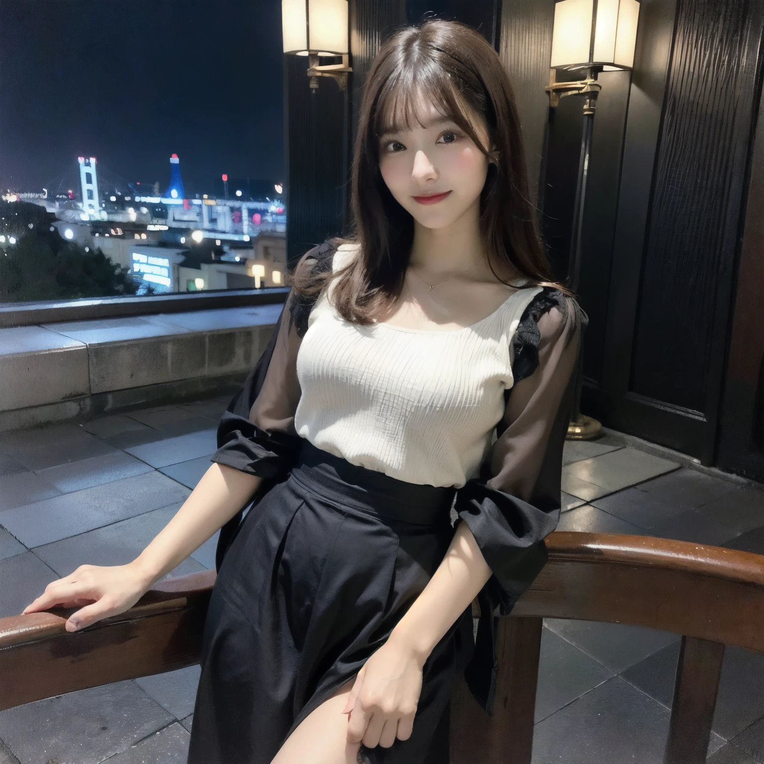 (Highest quality, 8K, 32k, masterpiece, Ultra-high resolution:1.2),Beautiful Japanese Women Photos, One girl, (Medium short dark brown hair), smile:1.2, double eyelid, Great breasts:1.2, Sexy Outfits, Low neck, (Stand on the edge of the tower ),