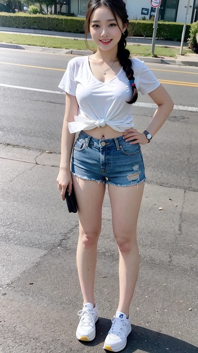 Wearing a white shirt, girl, (tight top:1.5),close your mouth and smile,legs long,Skinny super shorts,White skin of the,high high quality,4K, Face-to-face audience, 1 plump girl,hair tying up,at the street side,(Bring your legs together:1.5),with a round face, 32 inches in the chest, (sexy pose),(standing pose) ,(full body shot)、Chest 32 inches, ,Stand on the grass and take pictures
