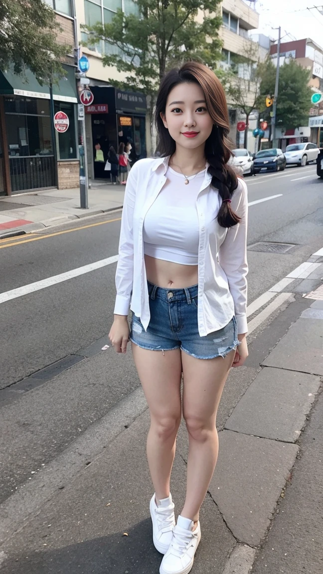 Wearing a white shirt, girl, (tight top:1.5),close your mouth and smile,legs long,Skinny super shorts,White skin of the,high high quality,4K, Face-to-face audience, 1 plump girl,hair tying up,at the street side,(Bring your legs together:1.5),with a round face, 32 inches in the chest, (sexy pose),(standing pose) ,(full body shot)、Chest 32 inches, ,Stand on the grass and take pictures