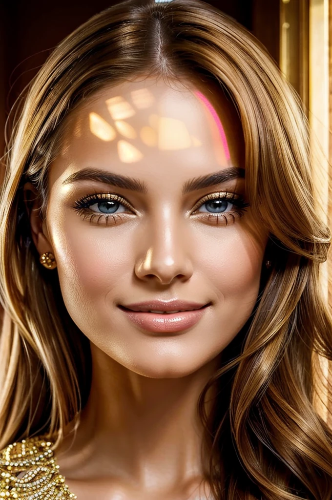 high resolution frontal photo portrait of a woman that has a radiant oval face with striking and captivating appearance, radiating elegance and charm. Her long, wavy blonde hair frames her face in an enchanting way, while her light brown eyes, reminiscent of honey, shine with intelligence and warmth. Her facial features are perfectly balanced, with an elegant nose and softly defined cheekbones. Her smile is radiant and contagious, lighting up the room whenever she enters. Her naturally full and rosy lips add a touch of seduction to her already captivating presence. Carolina meticulously cares for her appearance, maintaining flawless skin that radiates a healthy glow, with a golden undertone that enhances her natural beauty --style raw --ar 3:4