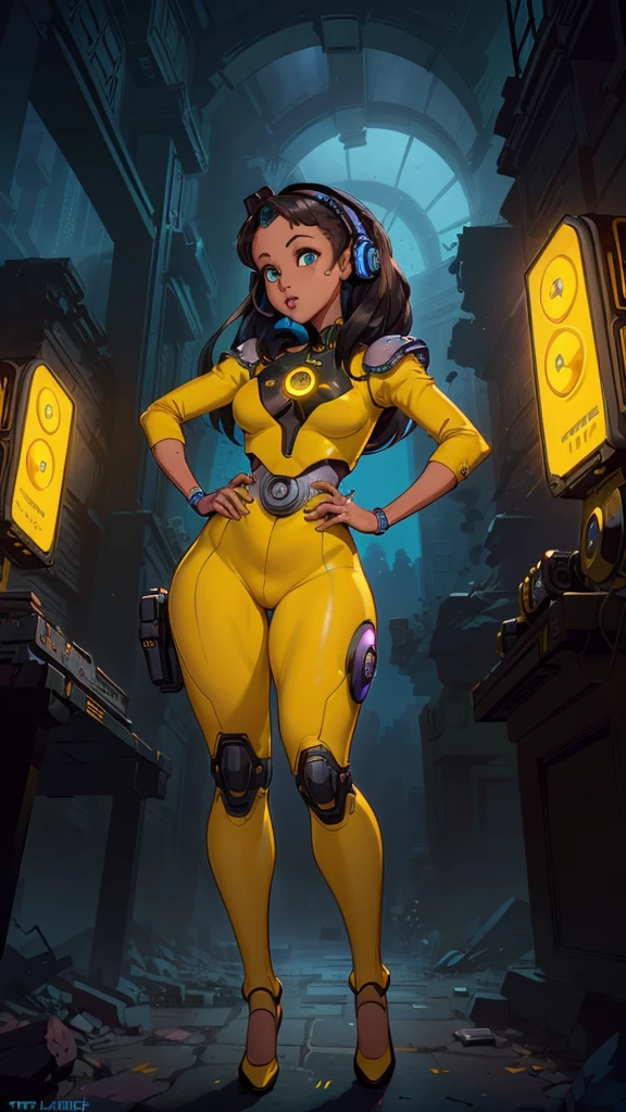 (The best quality,A high resolution,Ultra - detailed,actual),Ariana Grande es baby metal japan, with headphones on and a (yellow outfit:1.4) , (afrofuturism style:1.4) , afrofuturism, rossdraws | afrofuturism, Beeple. hyperrealism, (style hybrid mix of Beeple:1.4) , cinematic Beeple, realism | Beeple, afrofuturistic, Beeple daily art, cyberpunk art ultrarealistic 8k, cyberpunk vibrant colors,( Ariana Grande :1.4), (cinematic lighting :1.4), (perfect anatomy :1.4), ,(Fondo de ruinas de mazmorra en ruinas cyberpunk :1.4 ), (pose dinámica vaquero), (face detailed Ariana Grande :1.4), (cyborg yellow mecánica transparente :1.4),( no mutaciones),( ojos hermosos detailed :1.4), ,(Fondo de ruinas de mazmorra en ruinas:1.4 ), (cabello negro :1.5), (no mutaciones))