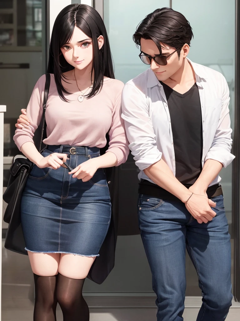 a woman with straight black hair and a man with short straight brown hair being a cute couple