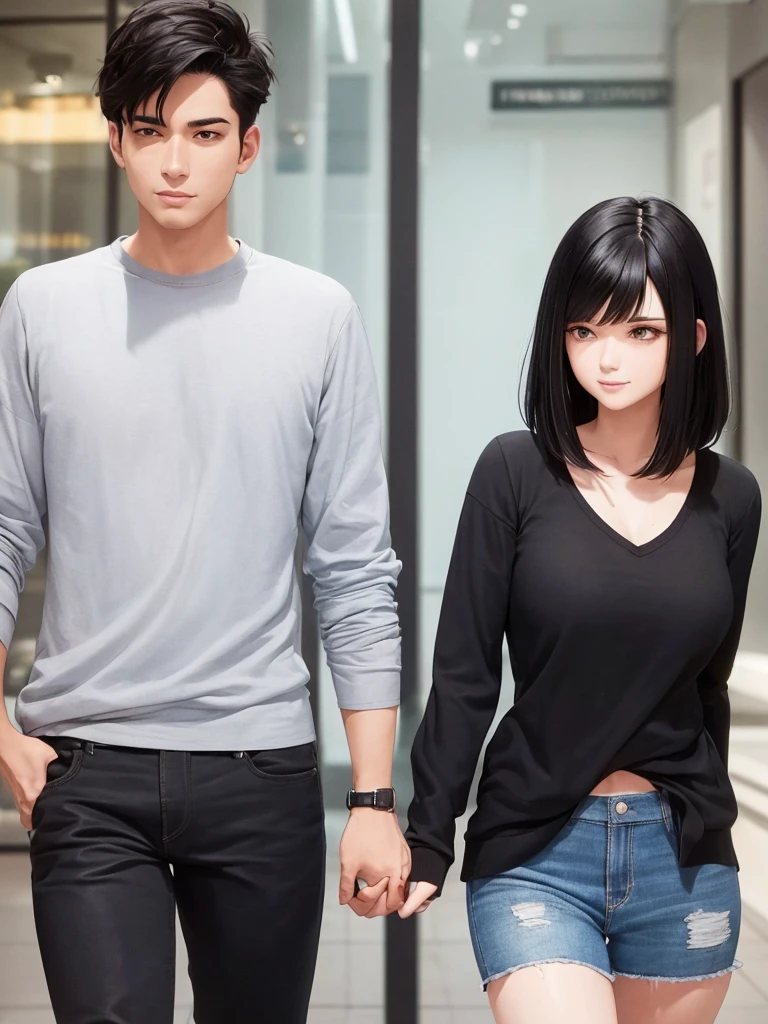 a woman with straight black hair and a man with short straight brown hair being a cute couple
