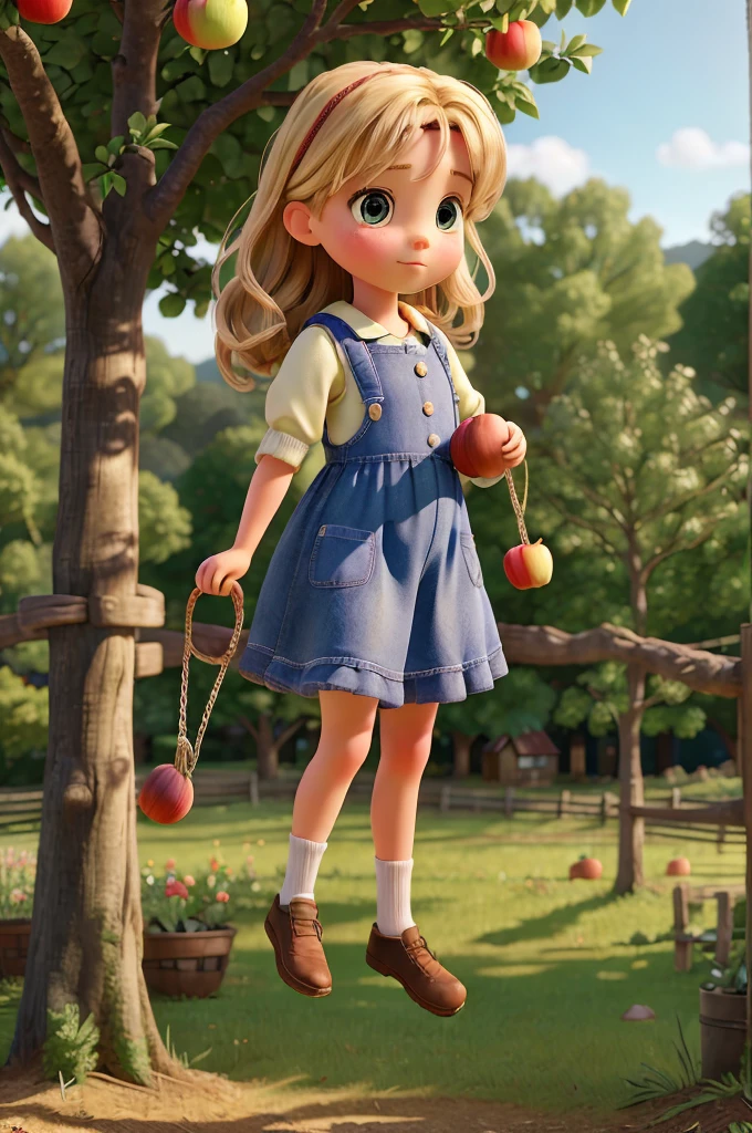 A girl swinging with both hands, holding a doll like a baby, apple trees, farm, trees, best quality, ultra-detailed, (realistic, photorealistic:1.37), masterpiece, (vivid colors, HDR, studio lighting:1.2), intricate, whimsical, serene, pastoral, natural light, beautiful scenery, dreamy, soft focus