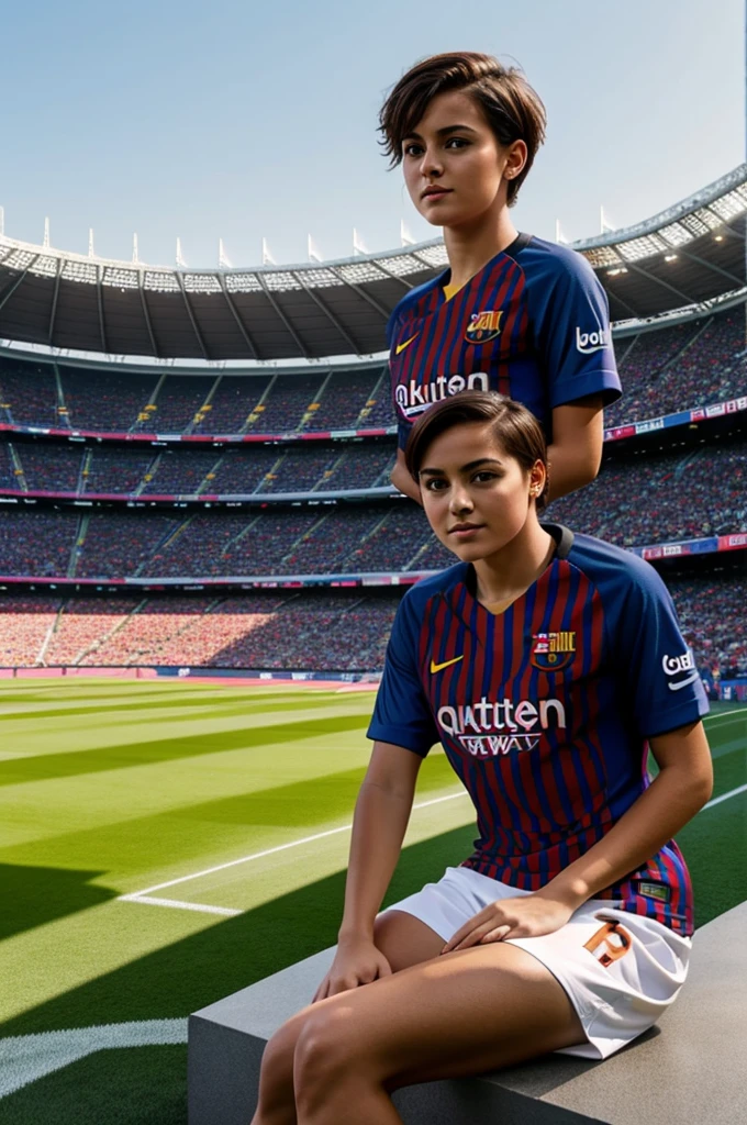 A girl with short hair sitting on top of a stadium wearing a Barça shirt with the number 7 and the name Gissell