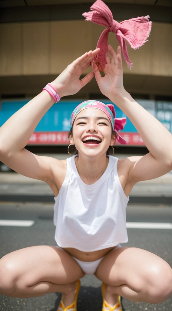 Highest quality, masterpiece, Ultra-high resolution,16K,(((Face Focus))) (Realistic:1.6),((Portrait of a person laughing with their mouth wide open)) ,((Beautiful legs,)), ((Y2K Fashion)),((Slender body)),RAW Photos, 1 Girl, 14 Talents,((Squatting on the street)),((Short hair with headband)),,((From below:1.4)),((Show your gums and smile)),