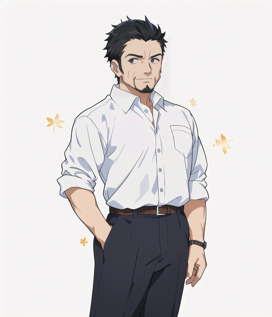 Highest quality, high resolution, High quality anime art style, Official Art, Smooth anime CG art, Stylized anime, Visual Novel Sprites, White background, whole body, Anime-style 3D, Smooth anime CG art, Humanoid middle-aged man, criminal, A man wearing a white shirt and grey trousers, Old face, Stubble, Tough-faced man, Deeply carved face, Long face, Black Hair, Crew cut, Slanted Eyes, Slightly open eyes, Muscular, 50 years old,